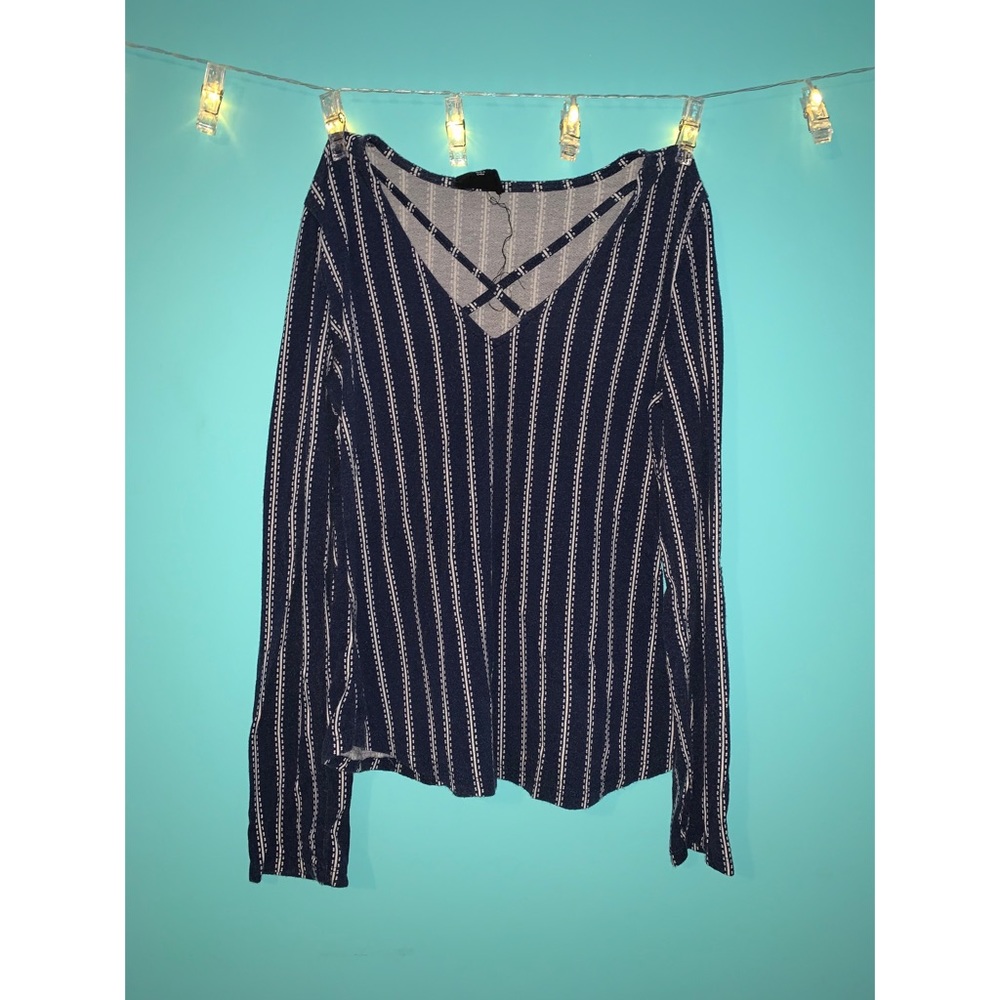Fitted Vertical Stripe Navy Blue Long Sleeve